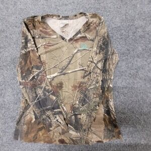Realtree Shirt Womens Size M Brown Camo V-Neck Long Sleeve Outdoor Casual